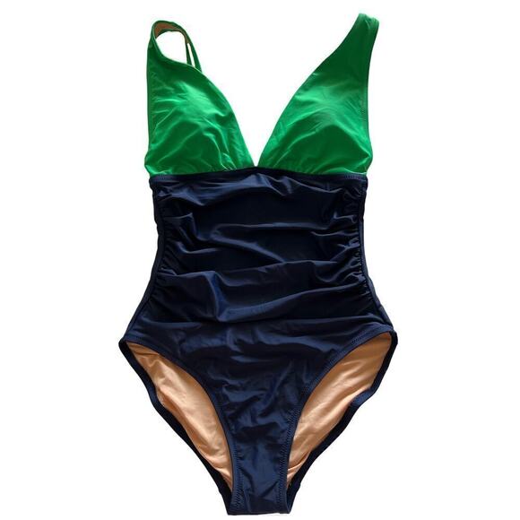 J. Crew Factory Women's V-neck ruched one-piece swimsuit Green Navy Size Small - Picture 2 of 11